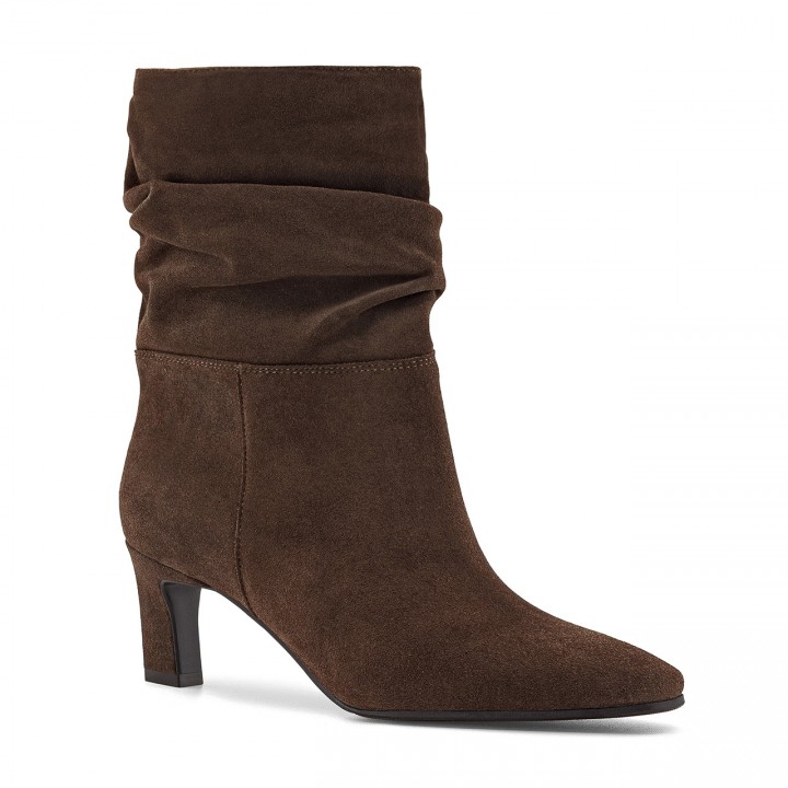 Brown velour ankle boots with square toes and a ruched upper