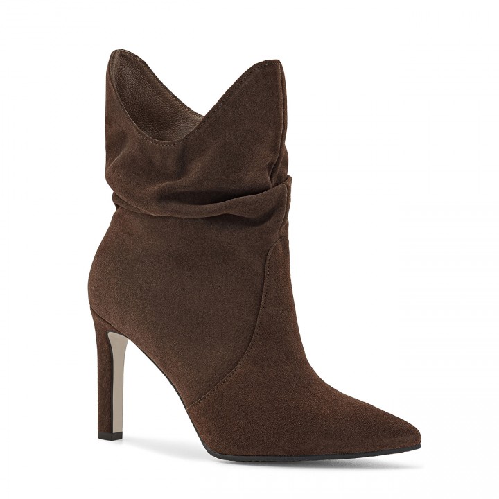 Brown ankle boots made from natural velour, featuring a high stiletto heel and a ruched upper