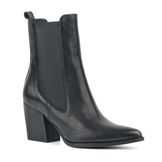 Black slip-on ankle boots made from genuine grain leather with a wide heel