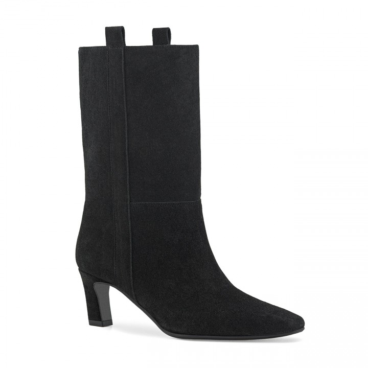 Classic black ankle boots with a low stiletto heel and a higher shaft, made from genuine velour leather