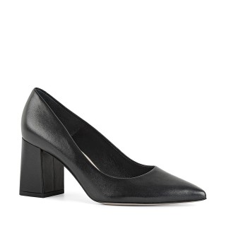 Classic black pumps made of genuine grain leather with a high block heel