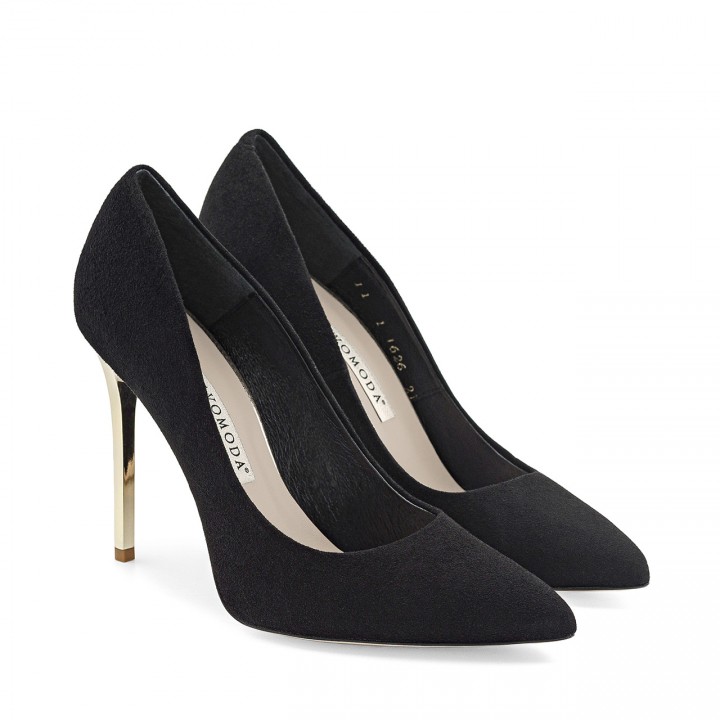 Black suede pumps with a high stiletto heel