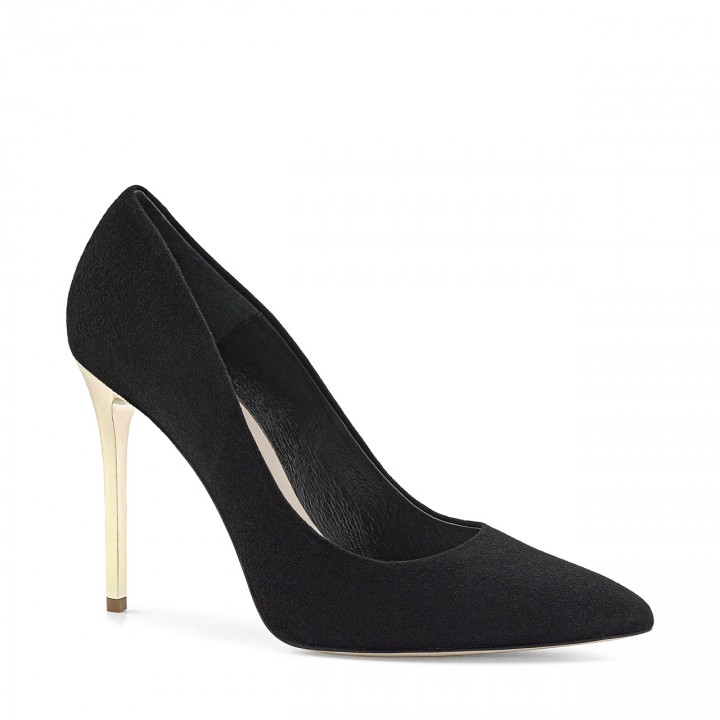 Black suede pumps with a high gold stiletto heel