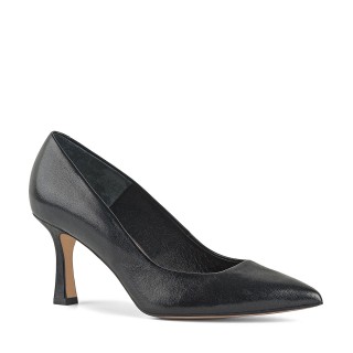 Black leather pumps with a low stiletto heel and an interesting cut-out