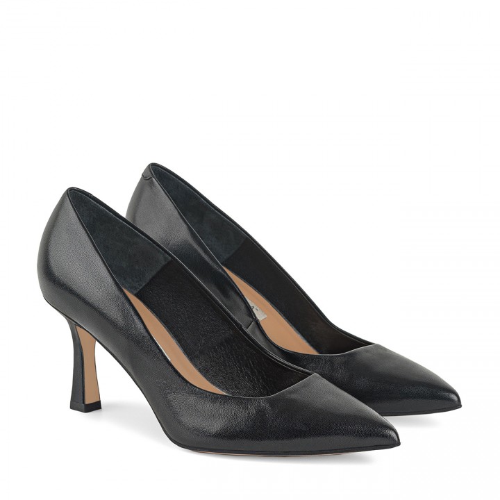 Black leather pumps with a low stiletto heel