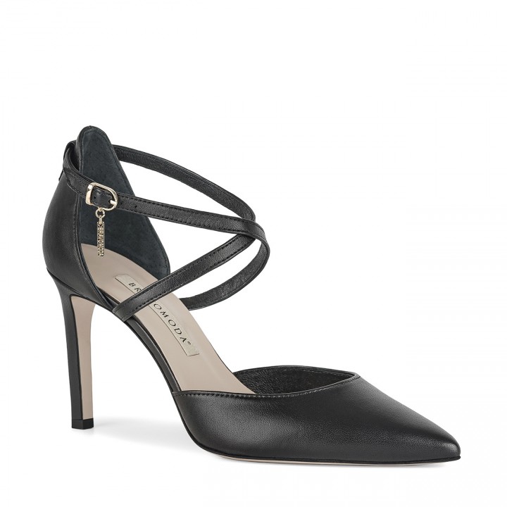 Elegant black stiletto pumps with an ankle strap