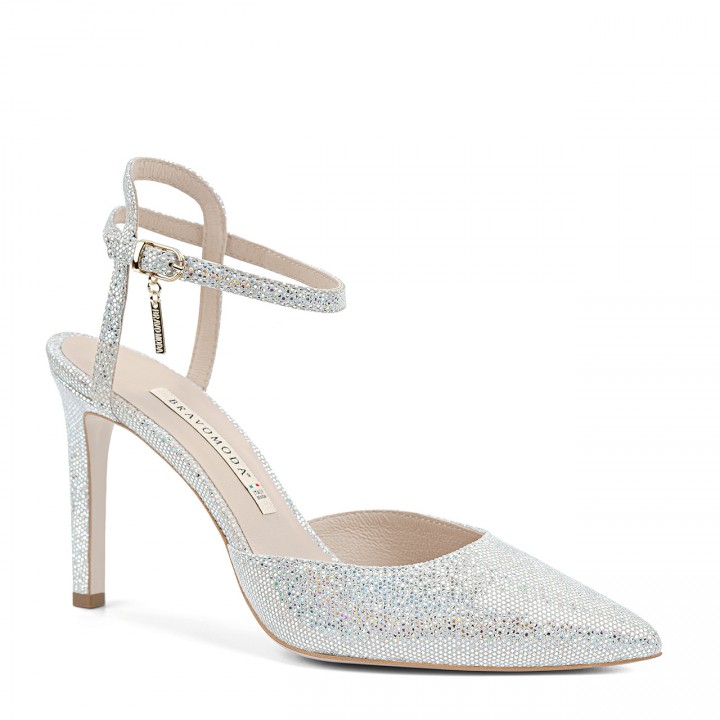 Silver suede women's shoes with a high heel and a subtle fastening around the ankle