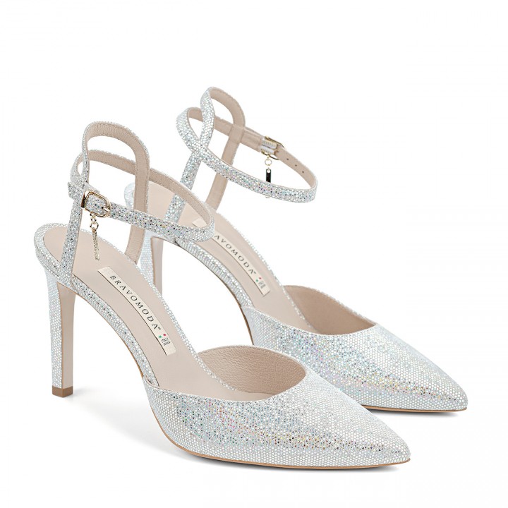 Silver suede high heels with a subtle fastening around the ankle
