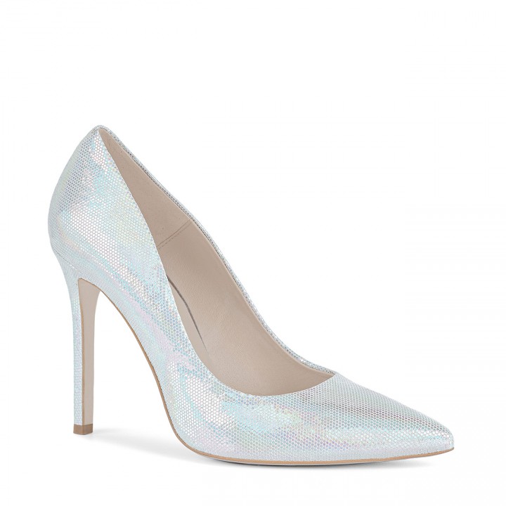 Silver women's footwear in the form of high-heeled pumps