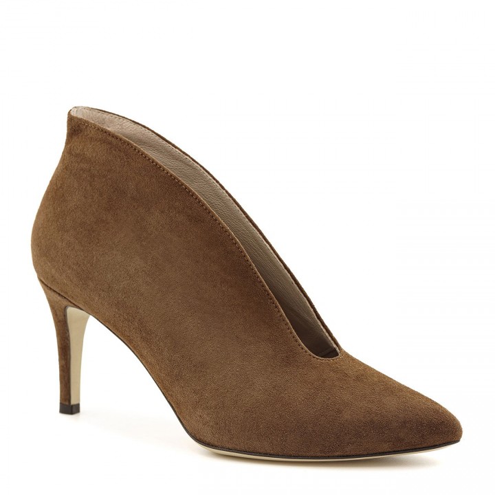 Brown high-heeled pumps made of natural suede leather with a cutout at the front