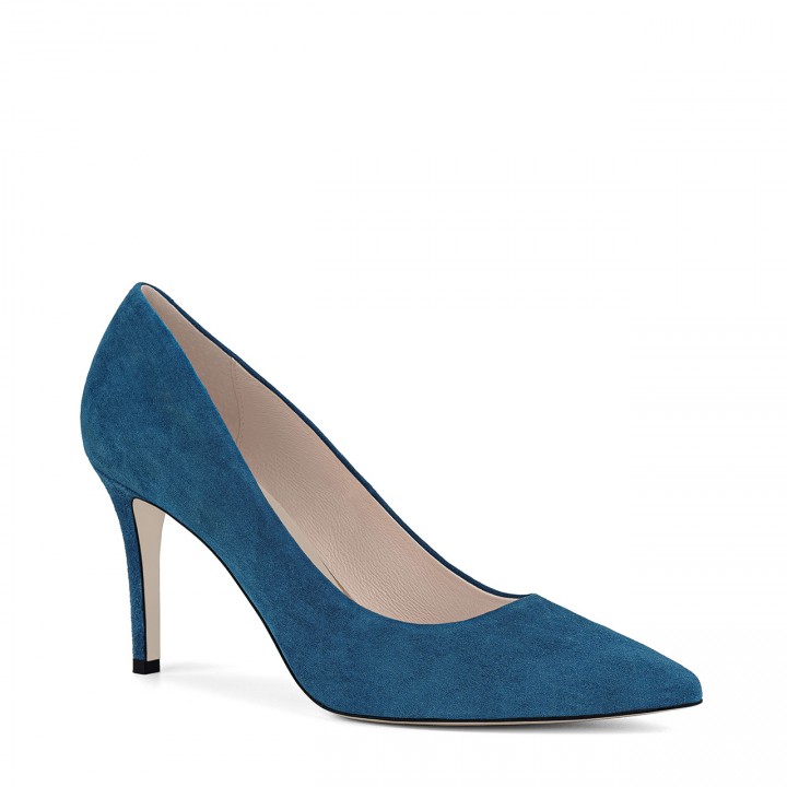 Classic navy blue high-heeled pumps made of natural suede leather with pointed toes