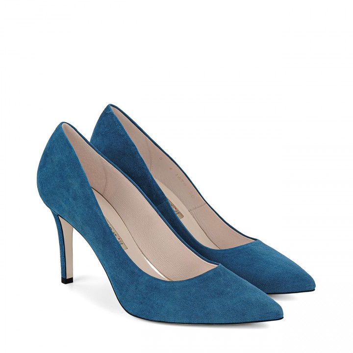 Navy blue high-heeled pumps made from natural suede leather