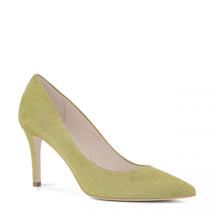 Classic suede high heels in green color with a stable heel