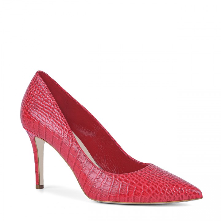 Classic high-heeled pumps in red color with embossing