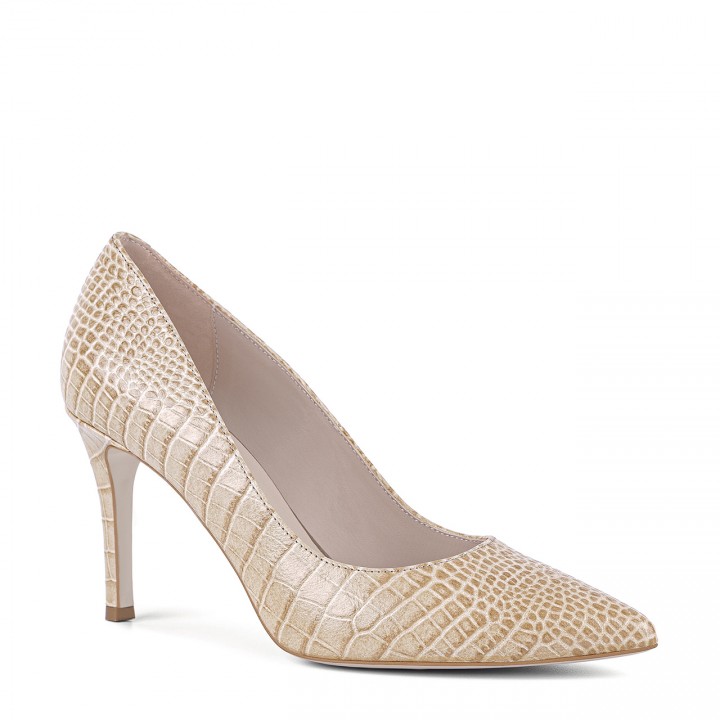 Classic beige high heels with a high heel and embossing