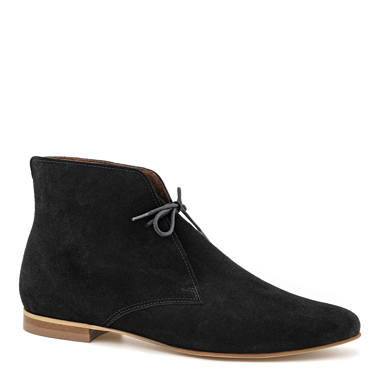 Black lace-up ankle boots with a flat sole, made from natural velour ...