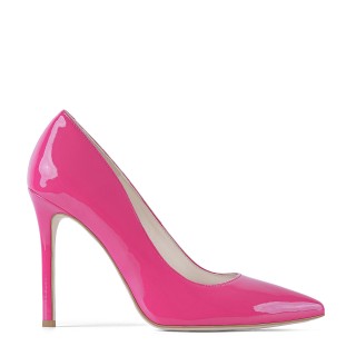 Exceptional high-heeled pumps in fuchsia color made from natural patent leather