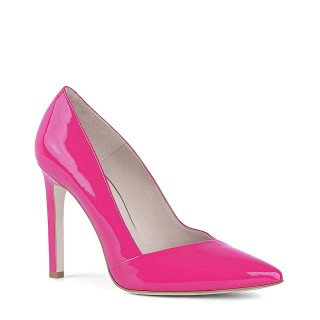 High-gloss fuchsia-colored high heels with a strap