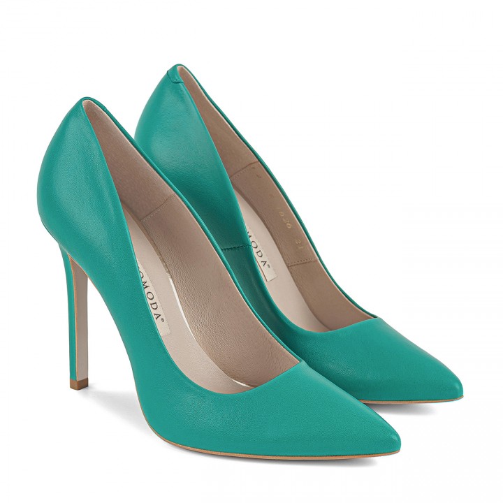 Green high heels made of genuine grain leather with a high heel