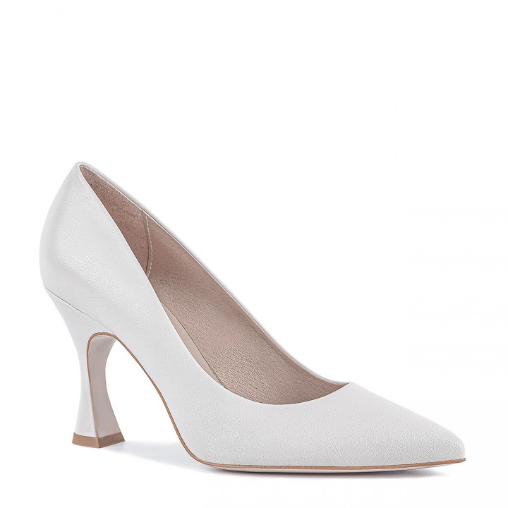 White wedding pumps with a geometric heel