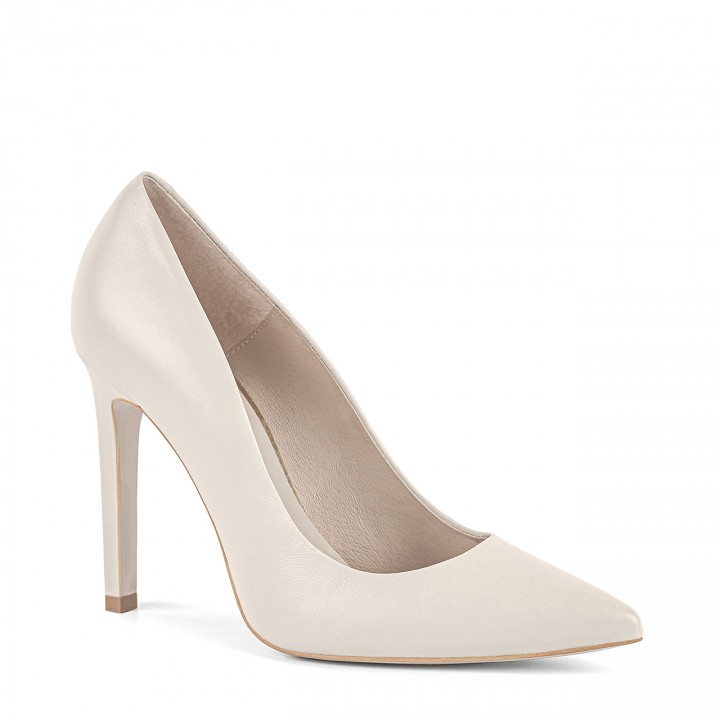 High cream stilettos made of genuine grain leather with pointed toes