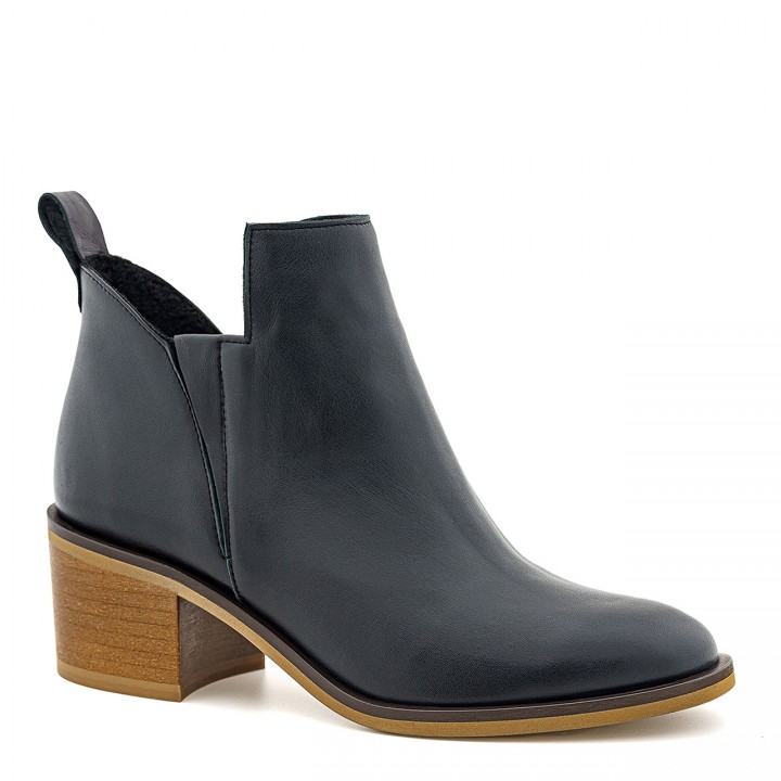 Black leather slip-on ankle boots with a thick, elegant heel