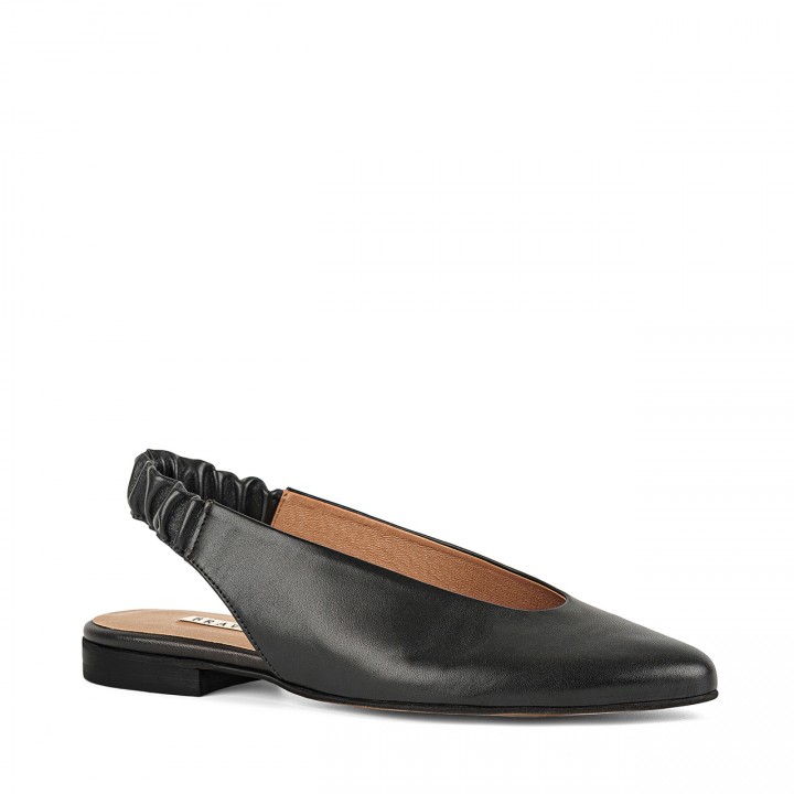 Black ballet flats made from genuine grain leather with a flat sole and an open back