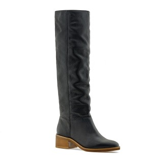 Black leather knee-high boots with a low brown block heel.