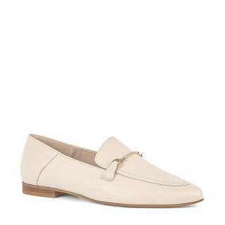 Cream-colored moccasins made from genuine grain leather with a flat sole and a golden embellishment