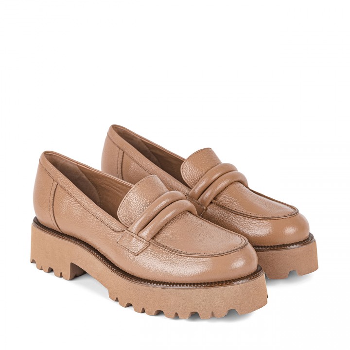 Toffee leather loafers with chunky soles and embellishments
