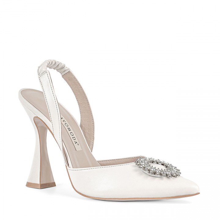 White bridal pumps with a geometric heel made from genuine grain leather and embellishments at the front