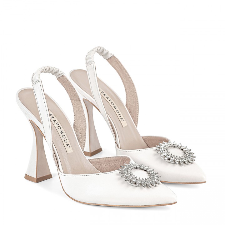 White bridal pumps with a geometric heel