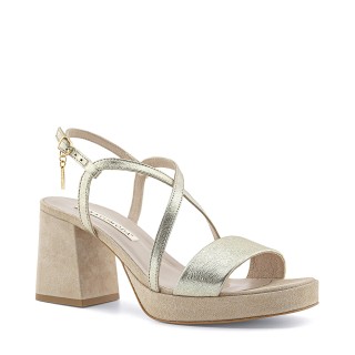 Women's platform sandals made from beige suede combined with gold leather