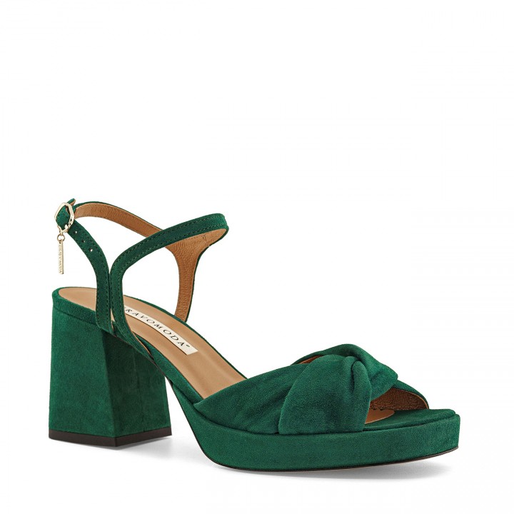 Dark green sandals made from genuine suede leather with a platform and a stable block heel
