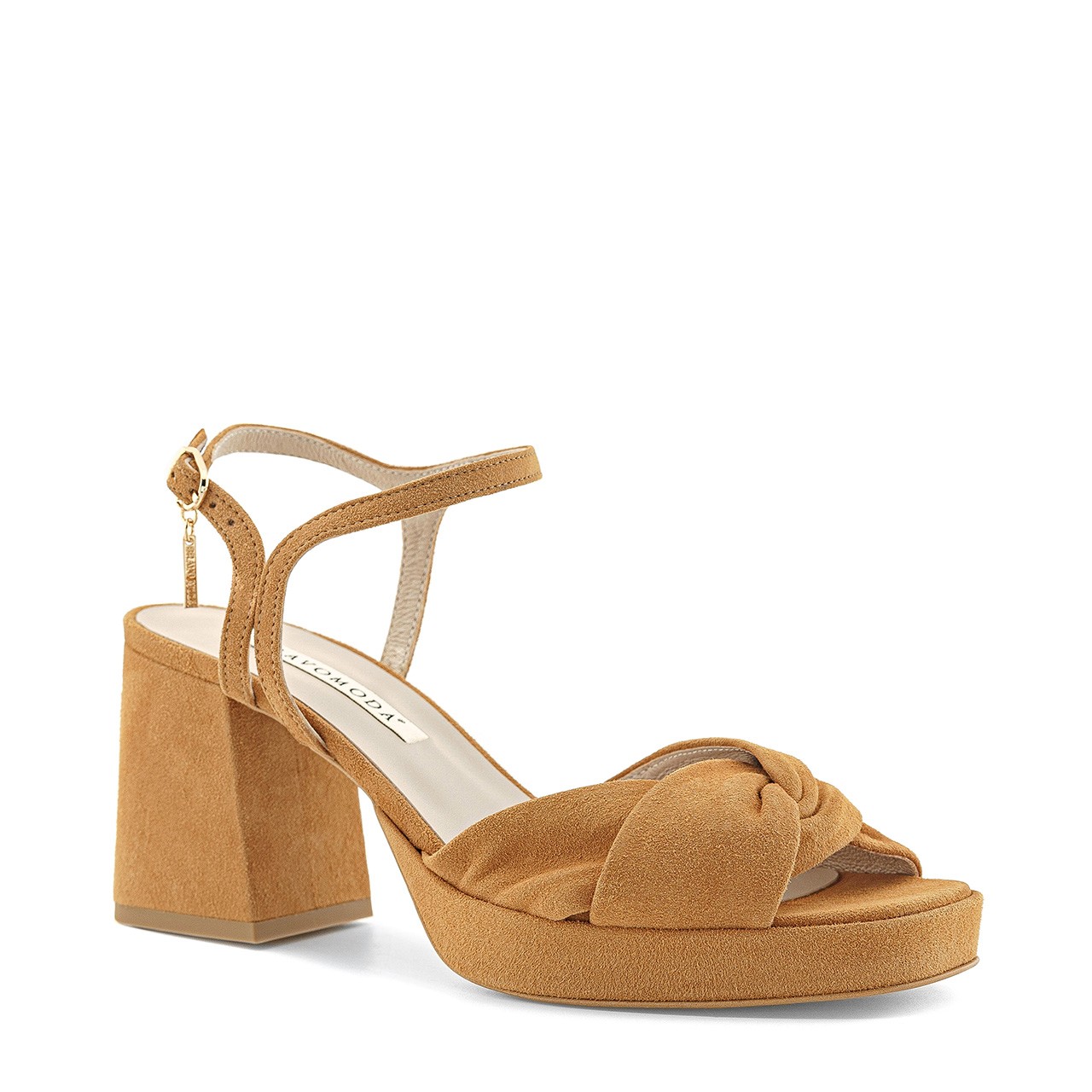 Suede sandals in toffee color with a wide block heel and low platform ...