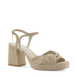 Beige suede sandals with a block heel and platform