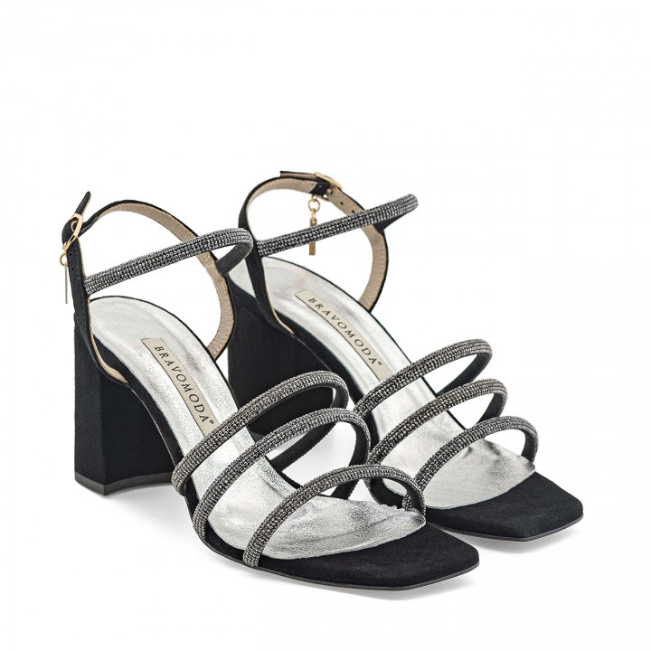 Black suede sandals with a stable block heel