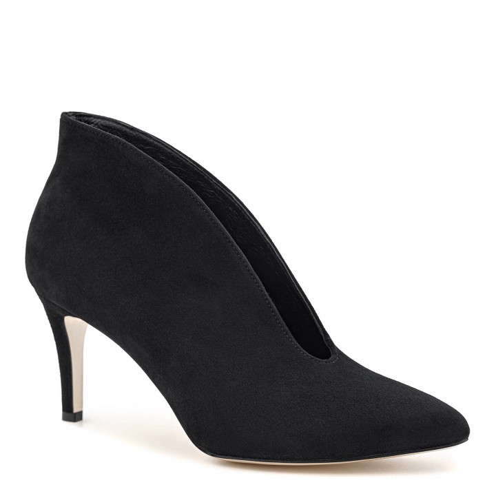 Black suede ankle boots with a high heel made of natural leather and a cutout at the front