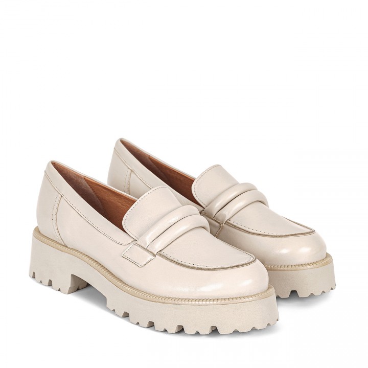 Cream-colored leather moccasins