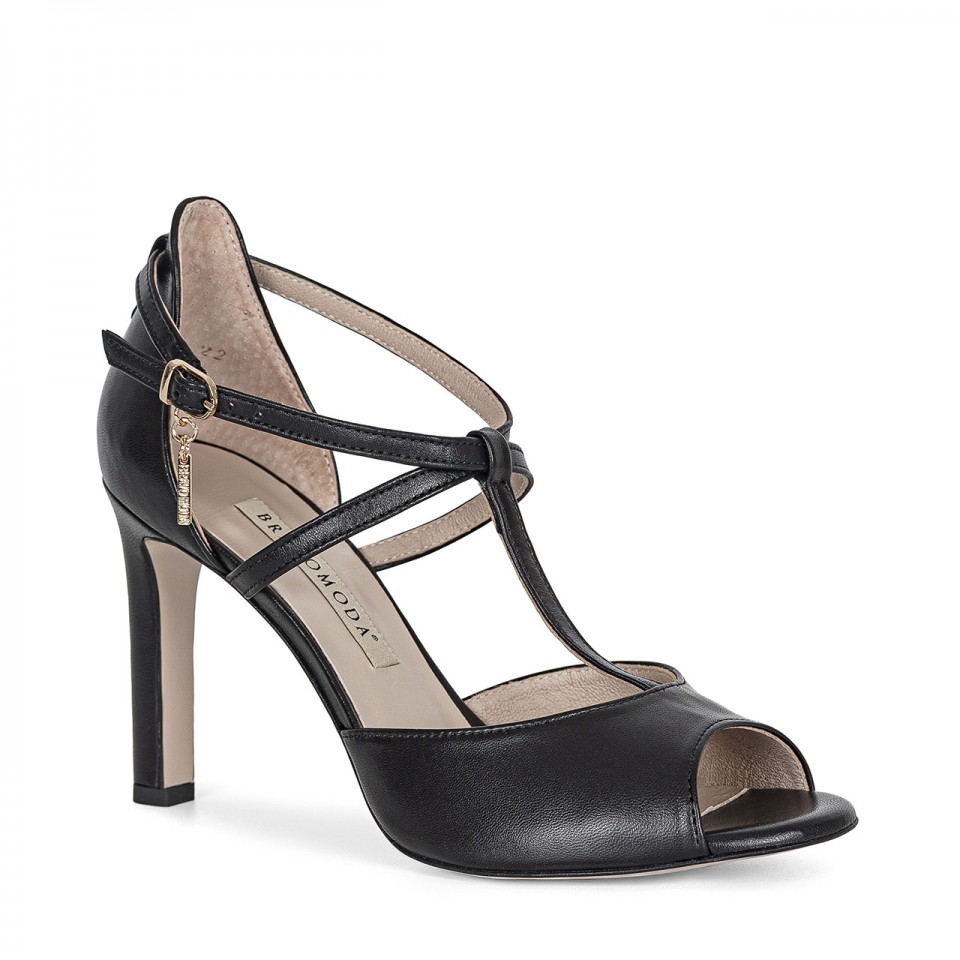 Black sandals made of genuine grain leather with rounded toes