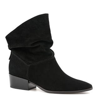 Black velour ankle boots with a low heel and a loose shaft.