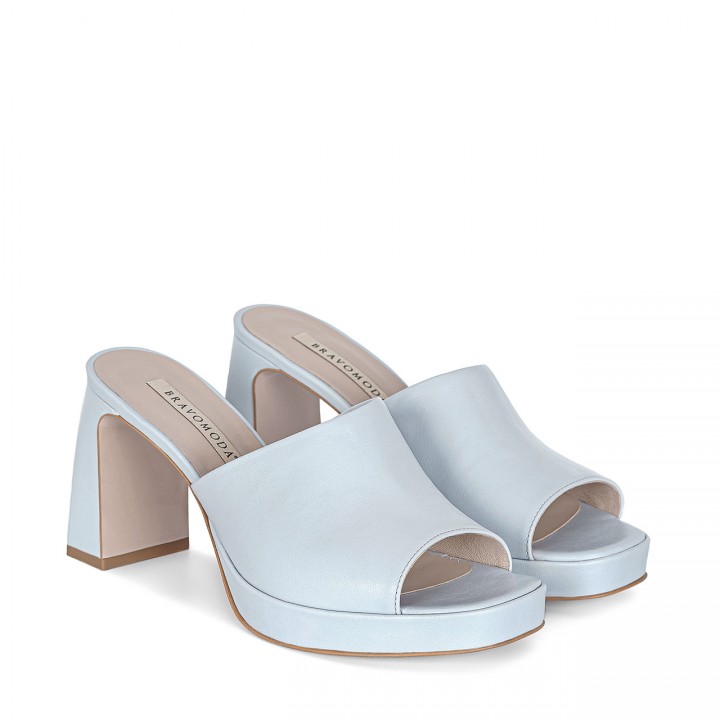 Leather slides with a block heel and platform