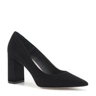 Black high block-heeled pumps made from genuine suede leather