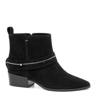 Black low-heeled ankle boots made of natural velor leather with a decorative strap