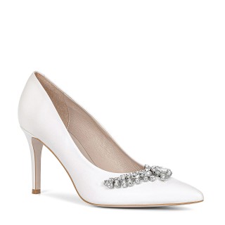 White leather bridal stiletto heels with a side ornament