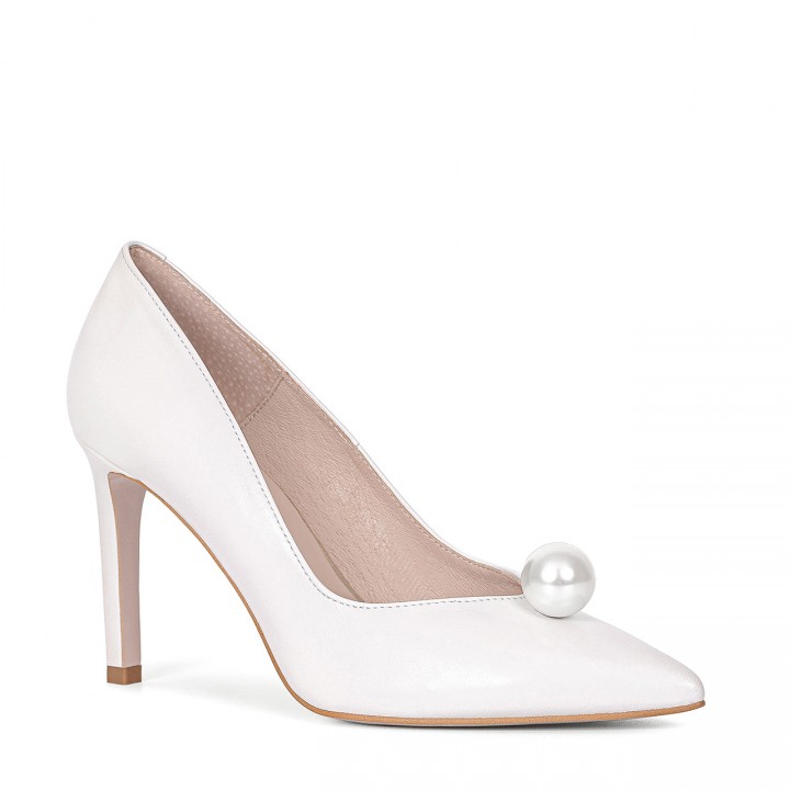 Classic white bridal stiletto heels with a decorative pearl on the front