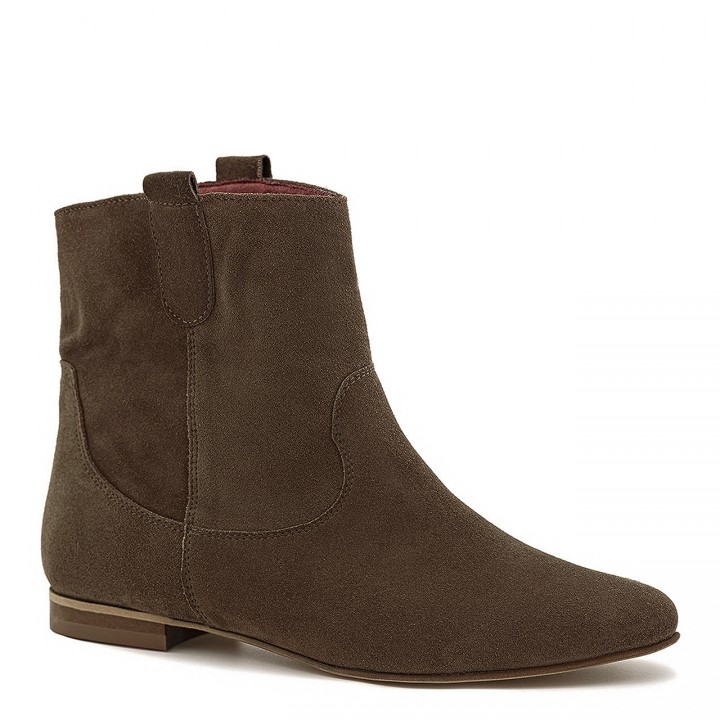 Brown slip-on velour ankle boots with a flat sole
