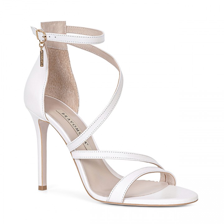 White bridal sandals with high stiletto heels made from genuine grain leather