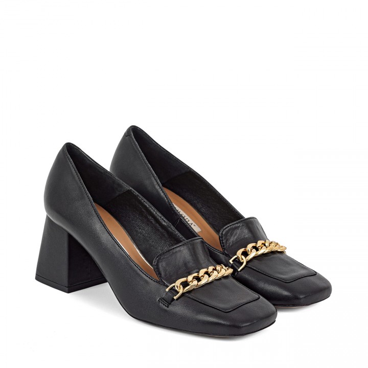 Black leather moccasins with a block heel