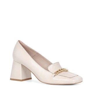 Cream-colored women's moccasins with a heel, made from genuine grain leather